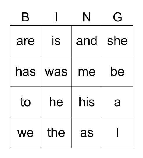 Kindergarten Trick Words 1 Bingo Card