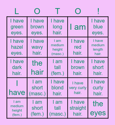 Hair, Eyes, and Size Bingo Card