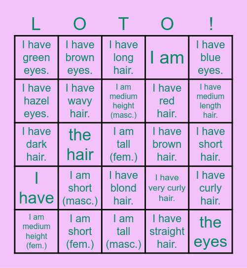 Hair, Eyes, and Size Bingo Card