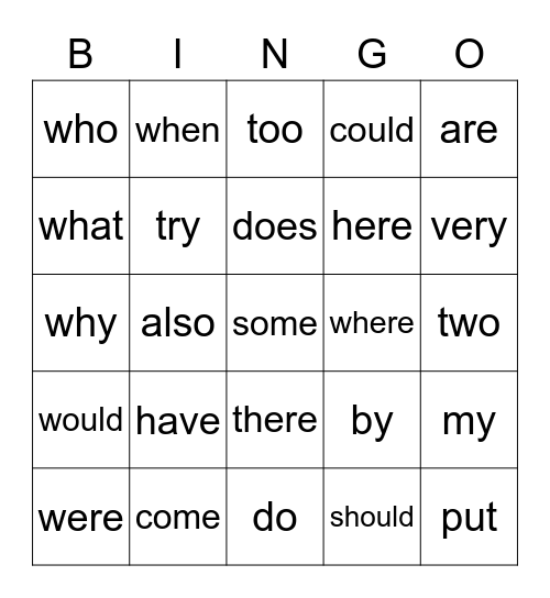 1st Grade Trick Words Bingo Card