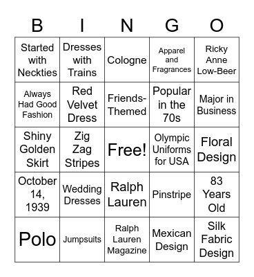 Ralph Lauren Bingo Card