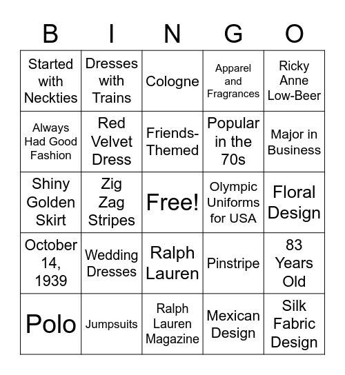 Ralph Lauren Bingo Card