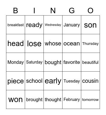 2nd Grade Trick Words 3 Bingo Card