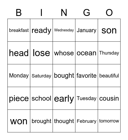 2nd Grade Trick Words 3 Bingo Card