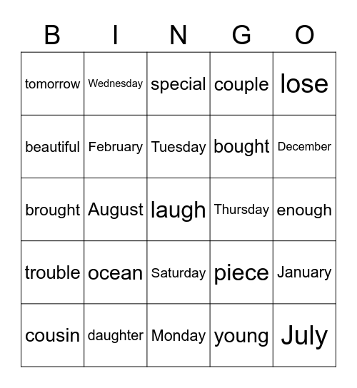 2nd Grade Trick Words 4 Bingo Card