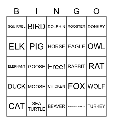 ANIMALS Bingo Card