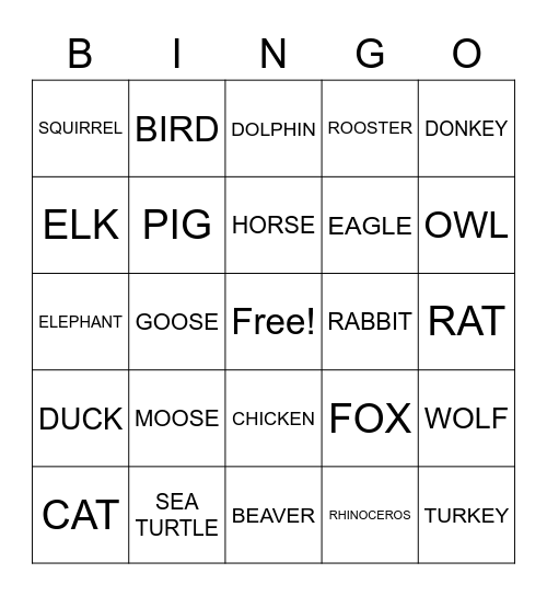ANIMALS Bingo Card