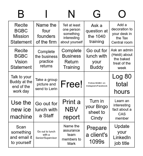 BGBC Bingo - Weeks 1 & 2 Bingo Card