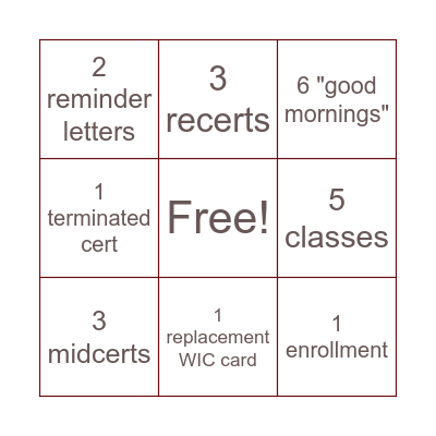 WIC Bingo Card