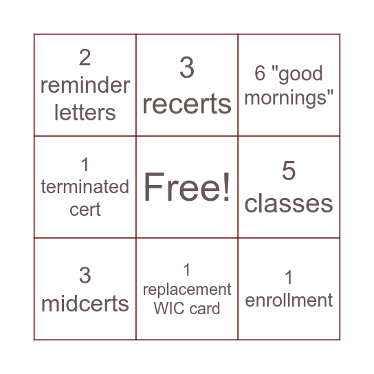 WIC Bingo Card