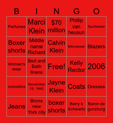 Calvin Klein Bingo Card