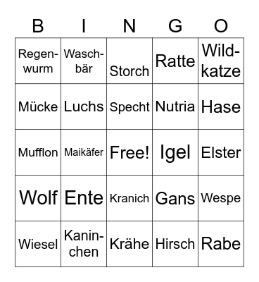 Wildtiere Bingo Card