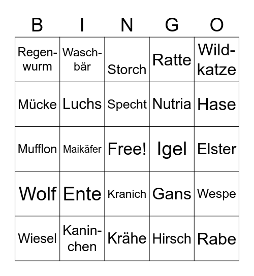 Wildtiere Bingo Card