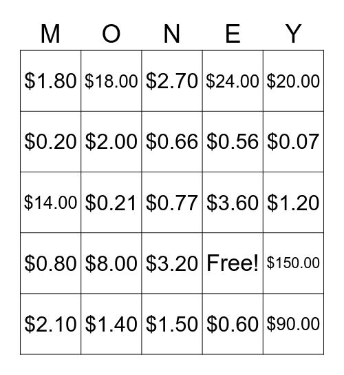 Percentage BINGO Card