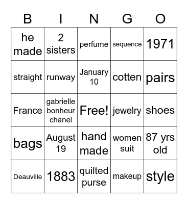 Coco Chanel Bingo Card