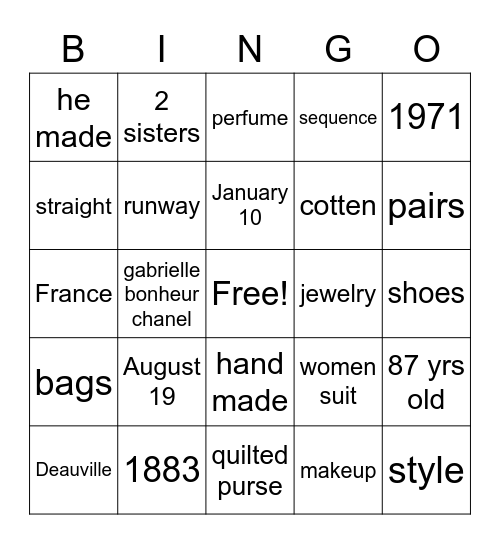 Coco Chanel Bingo Card