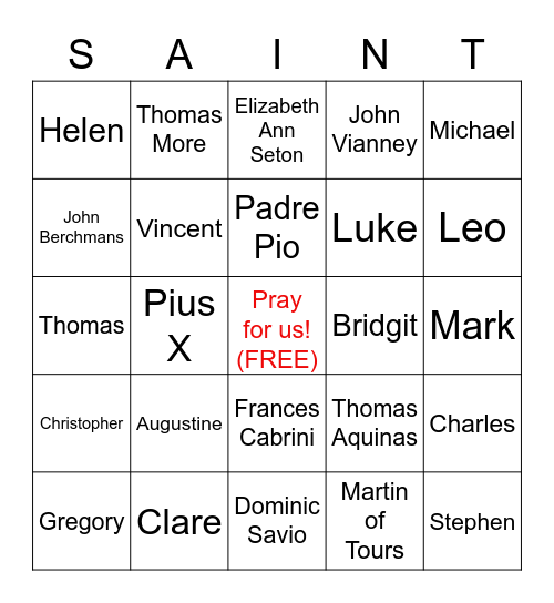 Catholic Saint Bingo Card