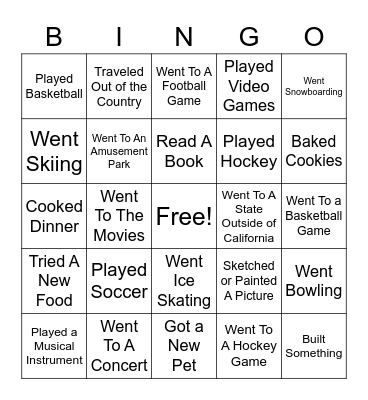 Winter Break Bingo Card