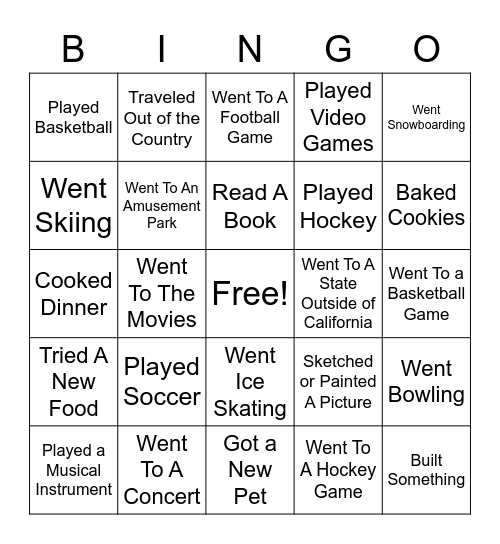 Winter Break Bingo Card