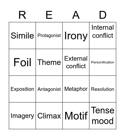 English I Review Terms Bingo Card