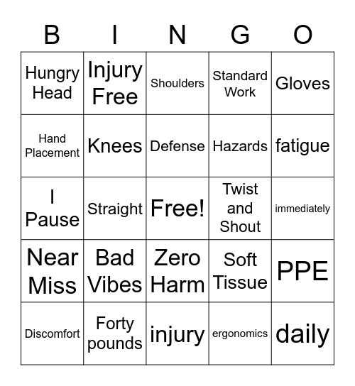 Safety Bingo Card