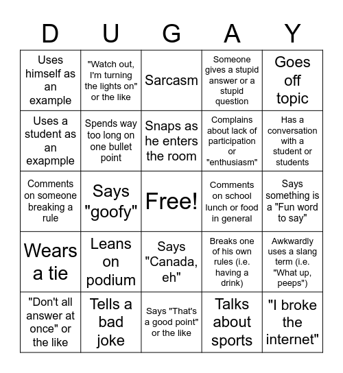 Mr. Duguay Bingo Card