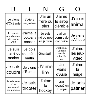 Apprenons à nous connaître ! Bingo Card