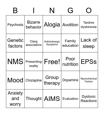 Schizophrenia Bingo Card