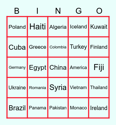 Country BINGO Card