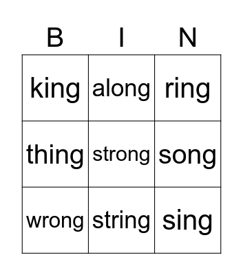 Spelling Bingo (-ing, -ong) Bingo Card