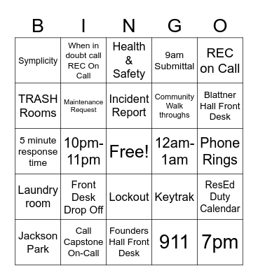 On-Call/On Duty Bingo Card
