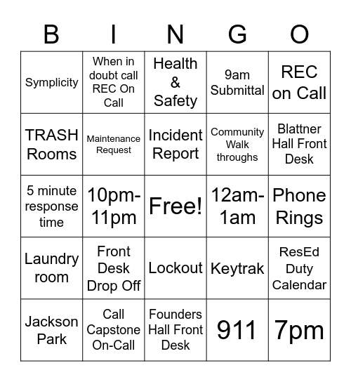 On-Call/On Duty Bingo Card