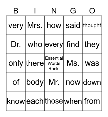 Essential Words Bingo Card