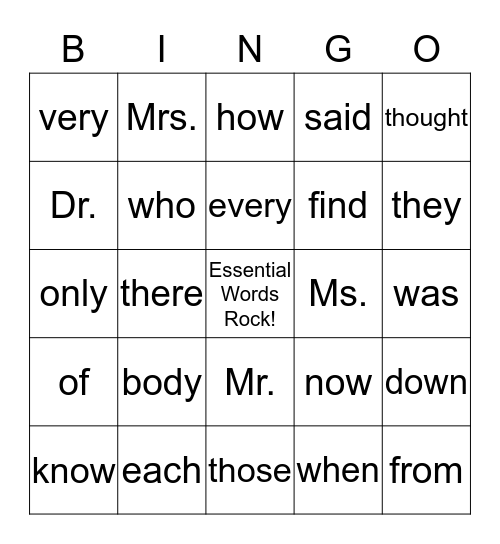 Essential Words Bingo Card