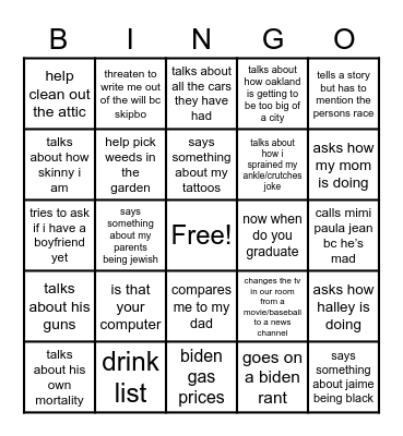 grandparents bingo Card