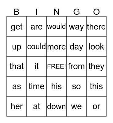 Sight Words Bingo Card