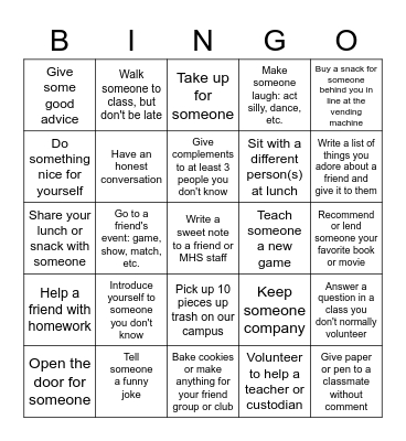 MLK Acts of Kindness for MHS 2023 Bingo Card