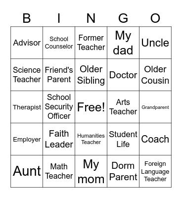 Trusted Adult BINGO Card