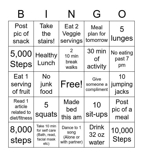 Fitness Bingo Card