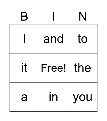 Sight Words Bingo Card