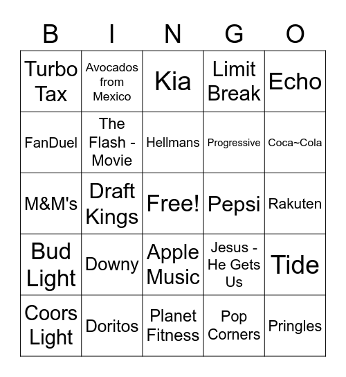 Superbowl 57 Bingo Card