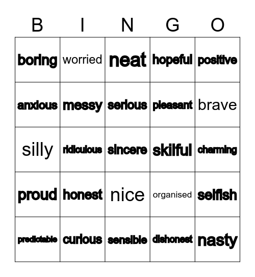 Personality Adjectives Bingo Card