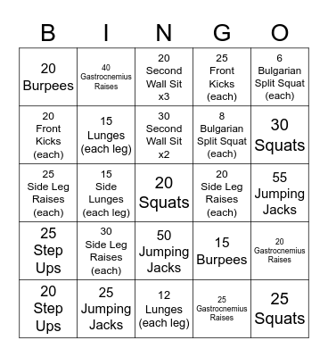 Leg Day Bingo Card
