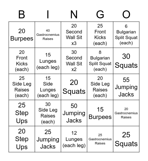 Leg Day Bingo Card