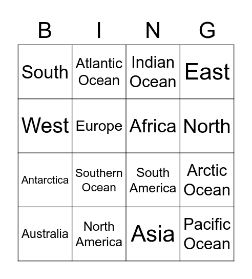Continents & Oceans Bingo! Bingo Card