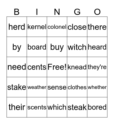 Homophone Bingo Card