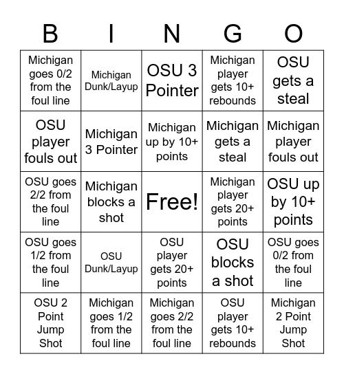 Michigan - OSU Basketball Bingo Card