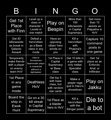 Battlefront 2 Challenges Bingo Card