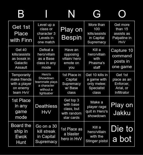 Battlefront 2 Challenges Bingo Card