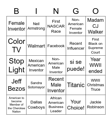 Inventors and AMerican Firsts Bingo Card